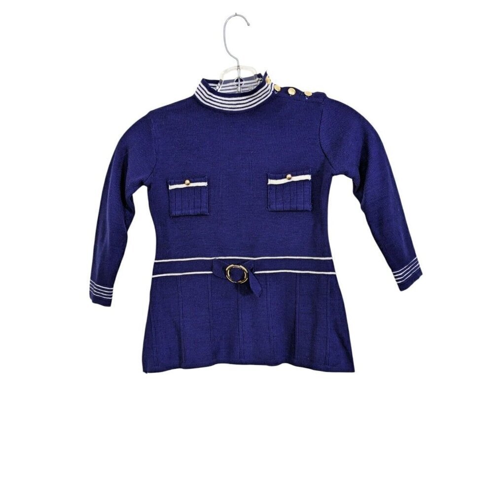 Vintage Knit Sailor Dress Girls Size 5 Navy Blue White Nautical Pocket Mock Neck